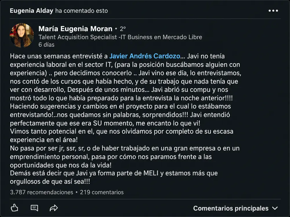 Ejemplo de postulación proactiva a MercadoLibre